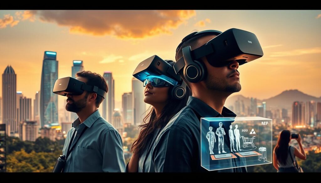 A bustling Brazilian city skyline, with towering skyscrapers and lush greenery, sets the backdrop for a dynamic scene showcasing the practical applications of virtual and augmented reality technologies. In the foreground, a group of professionals engaged in various VR/AR-enabled tasks, such as architectural modeling, product design, and remote collaboration, their faces illuminated by the glow of holographic displays. The middle ground features an AR-powered retail experience, with shoppers interacting with virtual product holograms. The lighting is warm and natural, conveying a sense of progress and innovation. The overall composition evokes a vision of how these transformative technologies are shaping the future of Brazil's business landscape.