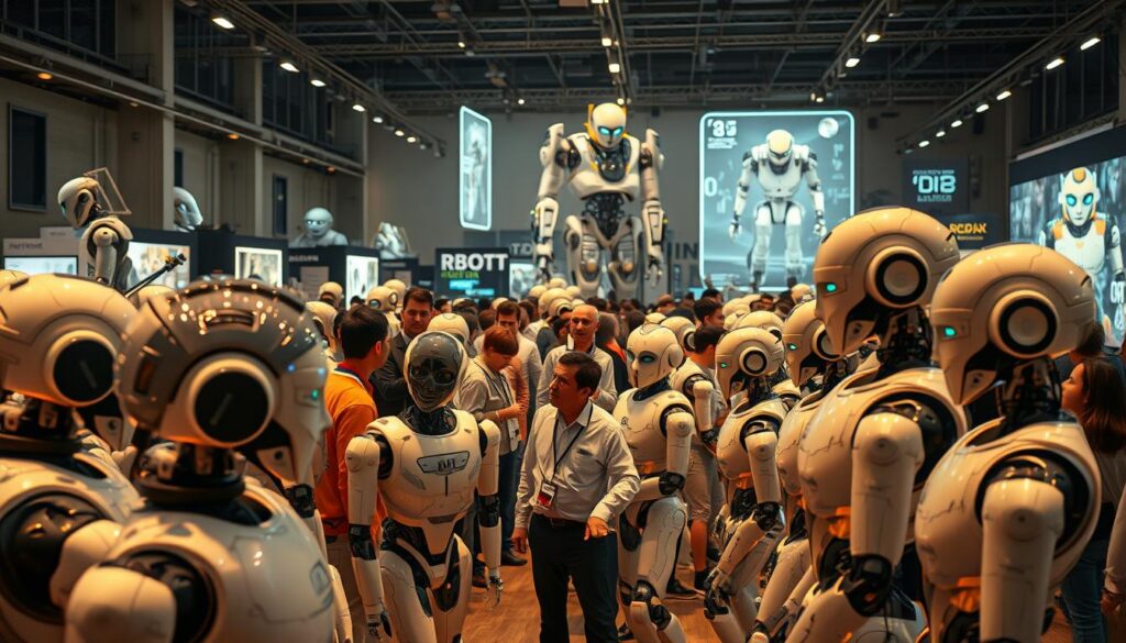 A bustling robotic marketplace, showcasing the latest humanoid models from leading companies. In the foreground, a diverse array of androids interact with visitors, their lifelike movements and expressive faces captivating the crowd. In the middle ground, engineers and researchers examine the intricate mechanisms and sensors that power these cutting-edge creations. In the background, towering robotic displays and holographic demonstrations highlight the rapid advancements in social robotics technology. Warm, diffused lighting casts a futuristic glow, while wide-angle lenses capture the dynamic energy and sense of wonder permeating the scene. This image encapsulates the innovative spirit and immense potential of the humanoid robotics industry.