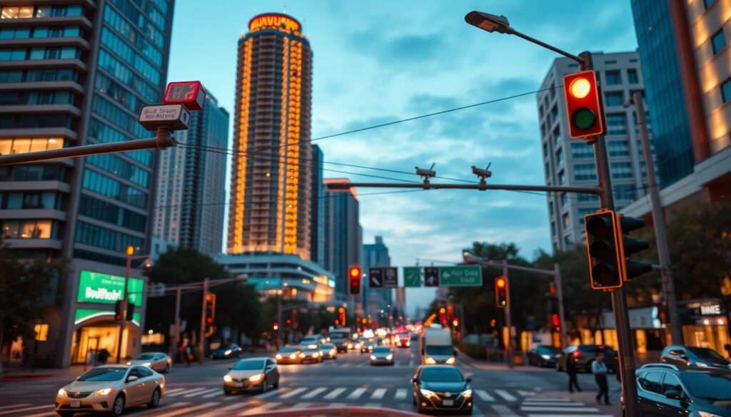 A bustling urban intersection at dusk, with towering high-rise buildings in the background. In the foreground, a network of sleek, interconnected IoT sensors mounted on lampposts and traffic signals, monitoring vehicle movements and pedestrian activity. Discreet cameras capture real-time data, powering an automated traffic enforcement system that seamlessly regulates the flow of cars and pedestrians. The scene exudes a sense of technological sophistication and enhanced road safety, with a warm, vibrant lighting scheme illuminating the modern, efficient infrastructure.