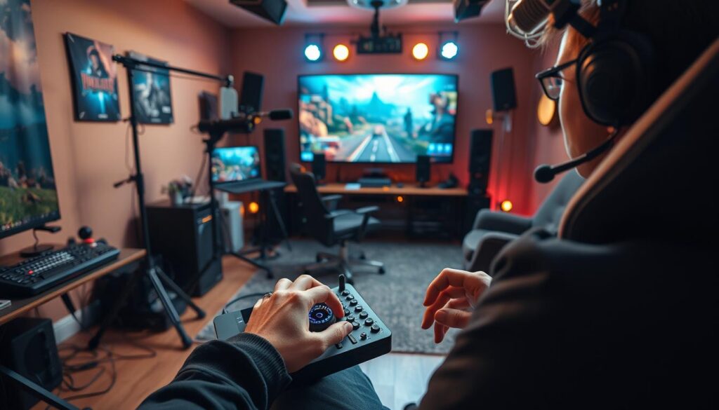 A captivating scene of a game streamer's experience, captured in stunning detail. In the foreground, a skilled player is immersed in a thrilling virtual world, their hands deftly navigating a cutting-edge gaming setup. The middle ground features a cozy, well-lit streaming studio, complete with professional-grade cameras, microphones, and lighting rigs, creating a dynamic and engaging atmosphere. In the background, a large, high-definition display showcases the streamer's gameplay, drawing viewers into the action and fostering a sense of community. The overall scene conveys the transformative power of game streaming, where players can share their passion and talent with a global audience, blurring the lines between entertainment and interactivity.