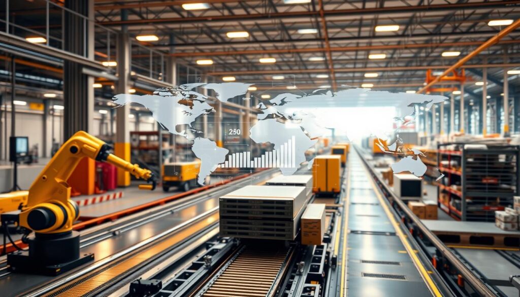 A connected global supply chain network of IoT devices, sensors, and automated systems. In the foreground, a smart factory floor with robotic arms, conveyor belts, and product flow visualizations. In the middle ground, a digital dashboard displays real-time data analytics, inventory tracking, and predictive maintenance. In the background, a sprawling logistics hub with autonomous vehicles, warehouses, and distribution centers, all synced through a cloud-based platform. Warm lighting casts an efficient, high-tech atmosphere, while clean, minimalist design conveys a sense of sophisticated industrial progress.