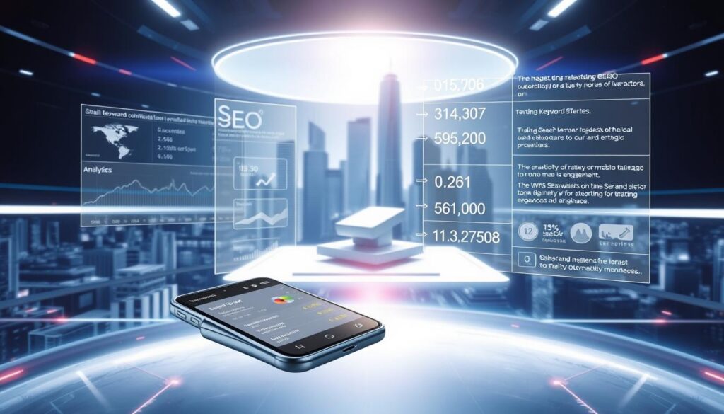 A futuristic digital landscape, with floating AR/VR interfaces and holographic elements. In the foreground, a sleek, minimalist mobile app UI, showcasing analytics and SEO metrics. The middle ground features a 3D model of a virtual product or environment, subtly integrated with relevant keywords and optimization strategies. The background depicts a cityscape of skyscrapers, with augmented reality overlays highlighting trending search terms and user engagement data. Lighting is crisp and dynamic, with a sense of technological sophistication. The overall scene conveys the power of SEO for immersive digital experiences, blending the virtual and physical worlds.