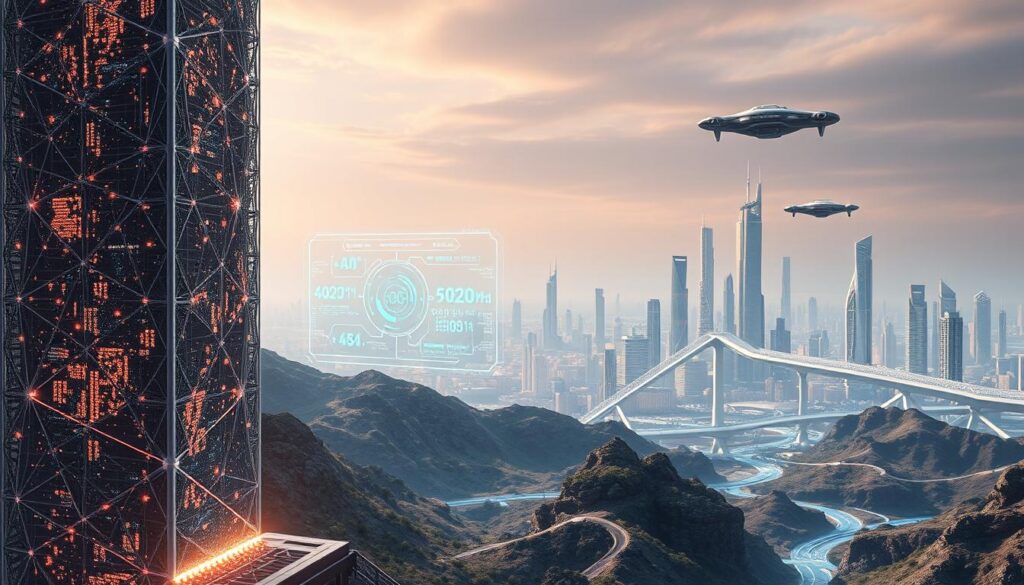 A futuristic landscape where blockchain technology seamlessly integrates with the metaverse. In the foreground, a towering blockchain structure with intricate geometric patterns and a pulsing energy field, symbolizing the backbone of the digital realm. The middle ground features a holographic interface, displaying real-time data and transactions, seamlessly connecting the physical and virtual worlds. In the background, a sleek and minimalist cityscape, with skyscrapers and hovercraft, all bathed in a warm, iridescent glow, reflecting the harmony between technology and the metaverse. The scene conveys a sense of progress, innovation, and the convergence of emerging technologies that have shaped the metaverse of 2025.