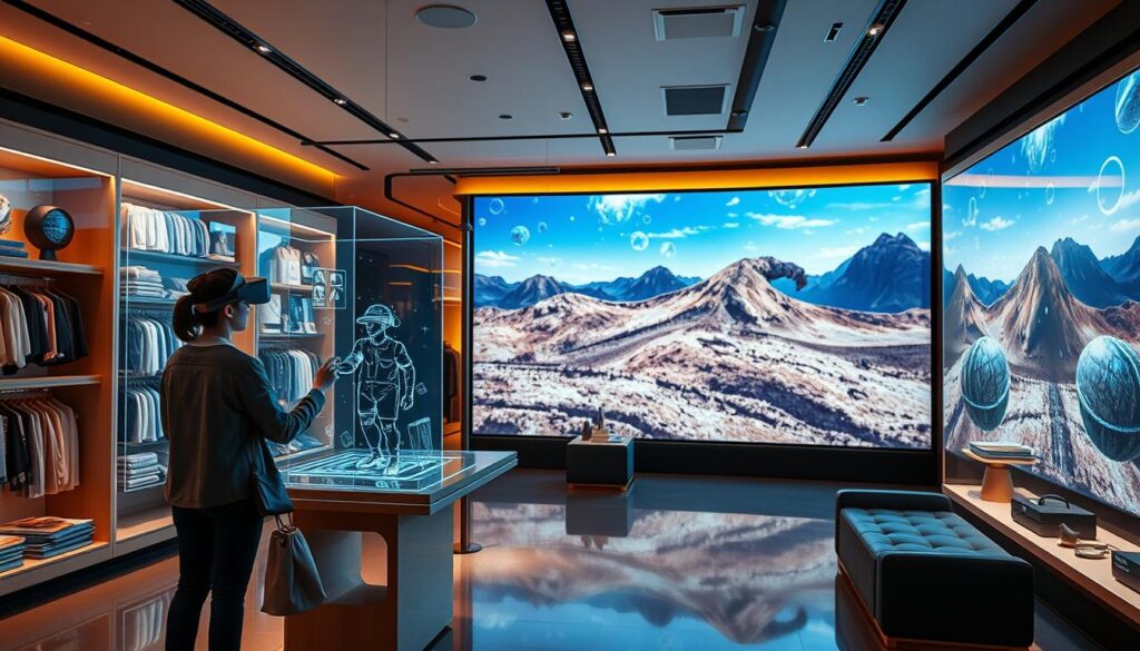 A futuristic retail environment where virtual and physical worlds seamlessly blend. In the foreground, a shopper interacts with a holographic display, exploring a wide range of products in an immersive 3D space. The middle ground showcases augmented reality overlays, allowing customers to visualize items in their own living spaces. In the background, a large mixed reality screen projects a dynamic, ever-changing landscape, blurring the lines between reality and simulation. Warm, ambient lighting and clean, minimalist design create a sense of technological sophistication and innovation. The overall scene conveys the power of extended reality (XR) to transform the retail experience, offering customers a truly personalized and engaging shopping journey.