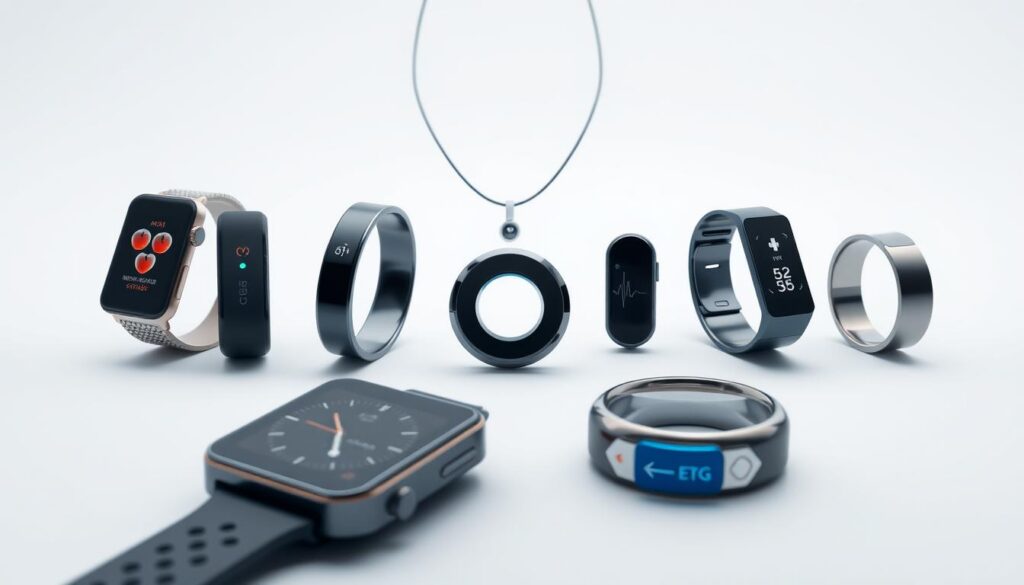 A group of diverse wearable health devices on a bright, clean background. In the foreground, a smartwatch and fitness tracker monitor vital signs like heart rate and activity levels. In the middle ground, a sleek, minimalist sleep tracker and wireless earbuds with heart rate sensors. In the background, a smart necklace with built-in ECG and a ring with blood oxygen monitoring. All devices emit a soft, futuristic glow with a sense of precision and innovation. The lighting is soft and diffused, creating a serene, clinical atmosphere that evokes the future of preventive healthcare.