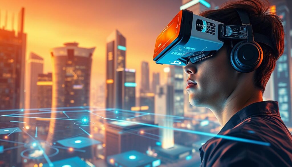 A high-tech, immersive scene depicting cutting-edge augmented reality technologies. In the foreground, a sleek, futuristic virtual interface shimmers with holographic overlays, showcasing AR app features. In the middle ground, a person wearing an advanced AR headset gazes in awe at the captivating digital world unfolding before them. The background features a cityscape of towering skyscrapers and advanced infrastructure, hinting at the integration of AR into the modern urban landscape. Warm, vibrant lighting casts a sense of wonder and innovation, while the camera angle suggests a dynamic, cinematic perspective. The overall composition conveys the transformative power of AR, poised to revolutionize our technological experiences.