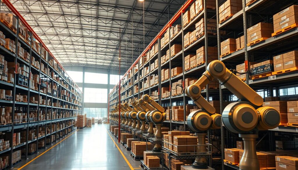 A large, modern distribution center with rows of automated robotic systems efficiently sorting, packing, and transporting products. Towering shelves filled with goods, illuminated by warm, directional lighting that casts dramatic shadows. The robotic arms move with precision, their metallic surfaces gleaming. In the background, a vast open space with high ceilings and large windows, allowing natural light to stream in. The atmosphere is one of technological sophistication, productivity, and industry. This image captures the essence of how robotics is transforming the logistics and distribution sector in Brazil.