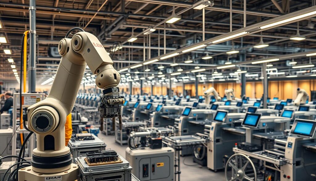 A modern, automated factory floor with a focus on operational efficiency. In the foreground, a robotic arm precisely assembles components, its movements choreographed with machine-like precision. In the middle ground, rows of sleek, interconnected machinery hum with productivity, sensors and displays monitoring every aspect of the production process. The background is bathed in a warm, ambient light, conveying a sense of technological harmony and streamlined operations. The overall atmosphere is one of seamless integration between man and machine, where automation enhances human capabilities and drives operational excellence.
