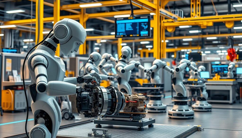 A modern factory floor bustling with collaborative robots (cobots) working alongside human technicians. In the foreground, a cobot carefully assembles a complex mechanical component, its movements fluid and precise. In the middle ground, cobots of various sizes transport materials and finished goods, their robotic arms seamlessly coordinated. The background reveals a high-tech industrial landscape, with sleek machinery, conveyor belts, and digital displays showcasing production data. Warm, indirect lighting casts a gentle glow, creating an atmosphere of efficiency and technological harmony. The scene evokes the future of Industry 4.0, where human and machine work in tandem to revolutionize modern manufacturing.