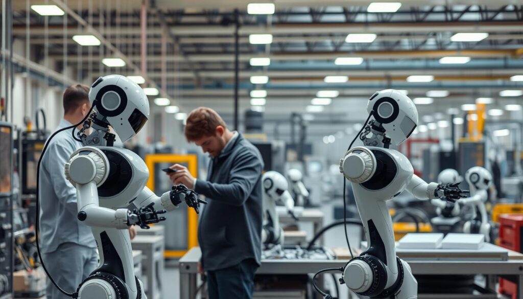 A modern industrial setting, bathed in warm, diffuse lighting from overhead fixtures. In the foreground, a pair of collaborative robots, or cobots, work in harmony with human operators, seamlessly integrating their complementary capabilities. The cobots, sleek and agile, perform precision tasks with unwavering focus, while the humans oversee the process, adjusting parameters and monitoring performance. In the middle ground, additional cobots move smoothly between workstations, transferring parts and materials, optimizing the workflow. The background reveals the broader factory environment, with other automated systems and machinery operating in the distance, creating an atmosphere of efficient, collaborative automation. The scene conveys the benefits of implementing cobots - increased productivity, enhanced safety, and the seamless integration of human and machine intelligence.
