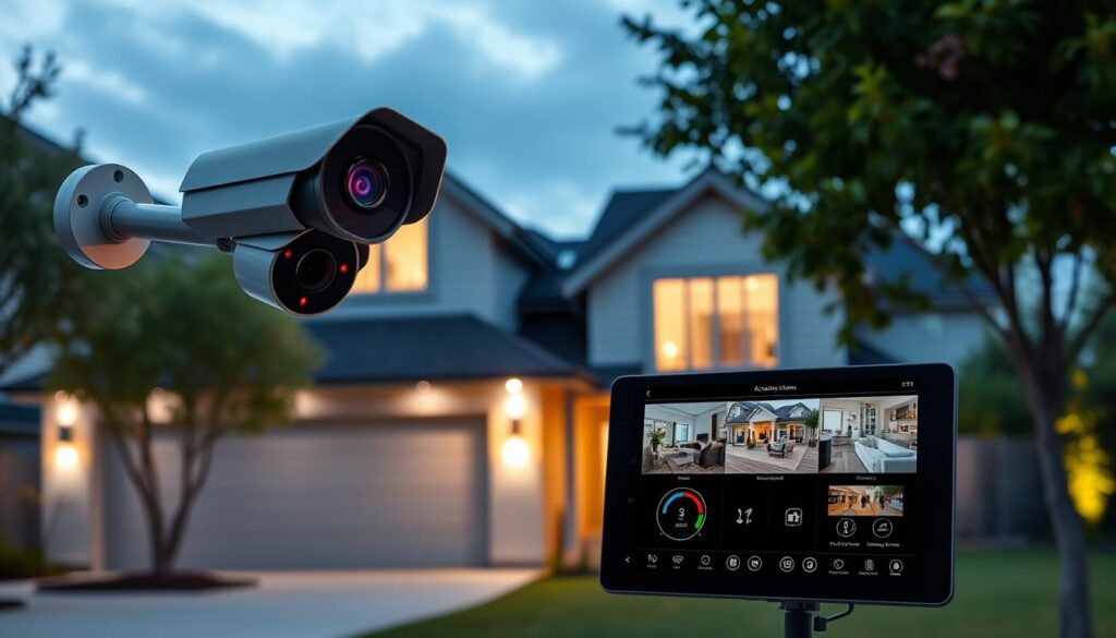 A modern, sleek residential security camera system with advanced AI-powered monitoring capabilities. In the foreground, high-resolution cameras with sophisticated lenses are mounted discreetly on the exterior of a stylish, minimalist home. The middle ground showcases the seamless integration of these smart devices, connected to a central control panel displaying real-time footage and analytics. In the background, a serene, well-lit suburban neighborhood sets the scene, highlighting how these cutting-edge security solutions blend seamlessly into the domestic environment. The overall mood conveys a sense of heightened protection and peace of mind for the homeowner.