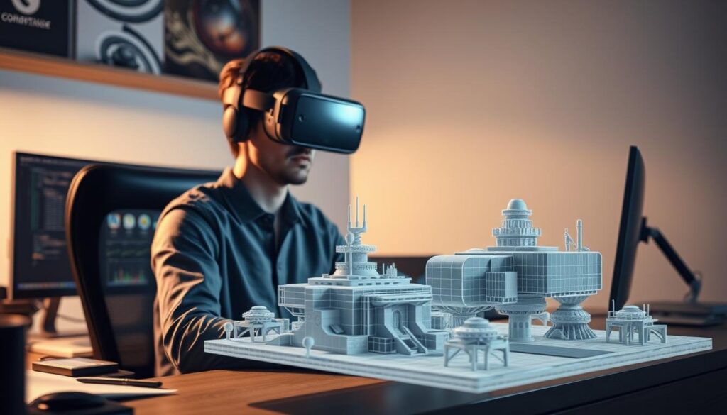 A person wearing a virtual reality headset, sitting at a desk, intently focused on a 3D modeling software interface. The desk is cluttered with various computer peripherals and design tools. In the foreground, a 3D model of a futuristic sci-fi environment hovers, partially rendered with a wireframe overlay. Soft, diffused lighting emanates from overhead, casting subtle shadows and highlights across the scene. The overall atmosphere is one of concentration and creative exploration, suitable for illustrating the Blender 3D modeling and VR development workflow.