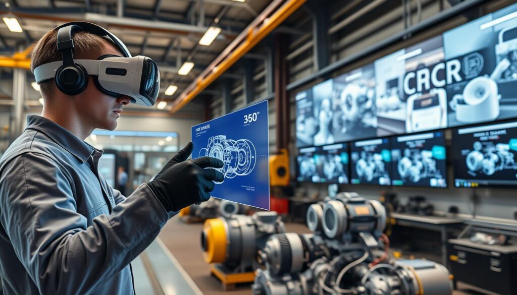 A sleek, modern industrial workshop with an array of advanced XR (extended reality) technologies. In the foreground, a technician wearing a cutting-edge VR headset and haptic gloves interacts with a virtual 3D model of a complex machinery component. The middle ground features a mixed reality display showcasing real-time sensor data and maintenance instructions, projected seamlessly onto the physical workspace. In the background, a bank of high-resolution screens display immersive 360-degree training simulations, allowing workers to hone their skills in a safe, realistic environment. The lighting is a balanced mix of warm industrial tones and cool, futuristic accents, creating an atmosphere of innovation and efficiency. The overall scene conveys the transformative power of extended reality technologies in the modern industrial landscape.