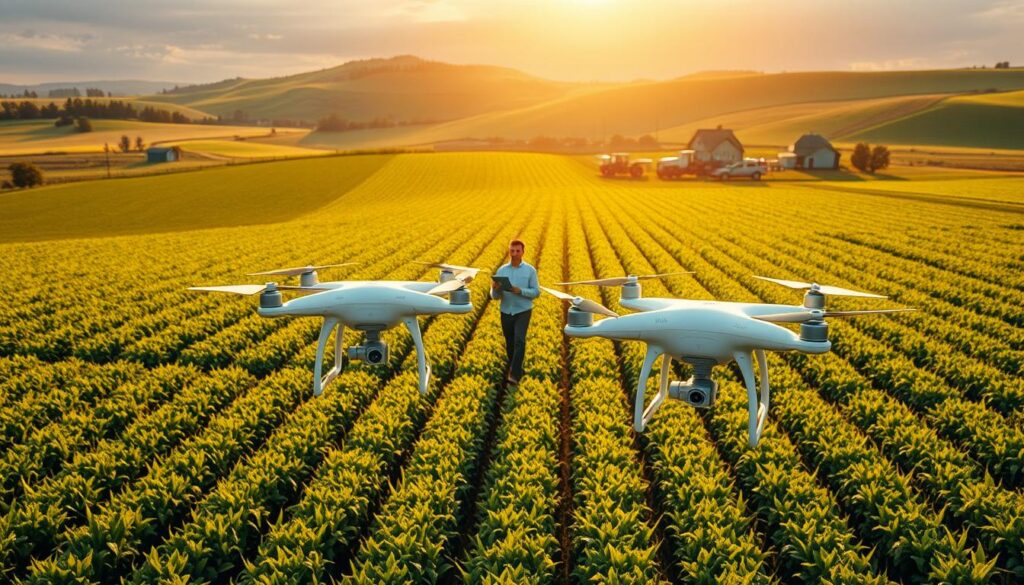 A sprawling agricultural landscape, bathed in warm, golden sunlight. In the foreground, a sleek, white drone hovers gracefully, its camera capturing detailed data from the lush, verdant fields below. Surrounding the drone, an array of IoT sensors dotting the landscape, monitoring soil moisture, nutrient levels, and crop health with precision. In the middle ground, a farmer strides purposefully, tablet in hand, reviewing real-time analytics from the connected systems. Amidst the rows of crops, advanced agricultural machinery navigates autonomously, optimizing water and fertilizer application for maximum yield. In the distance, a modern farmhouse and outbuildings nestle amid rolling hills, a testament to the integration of cutting-edge technology and traditional farming practices. The scene exudes a sense of efficiency, sustainability, and the future of smart, data-driven agriculture.