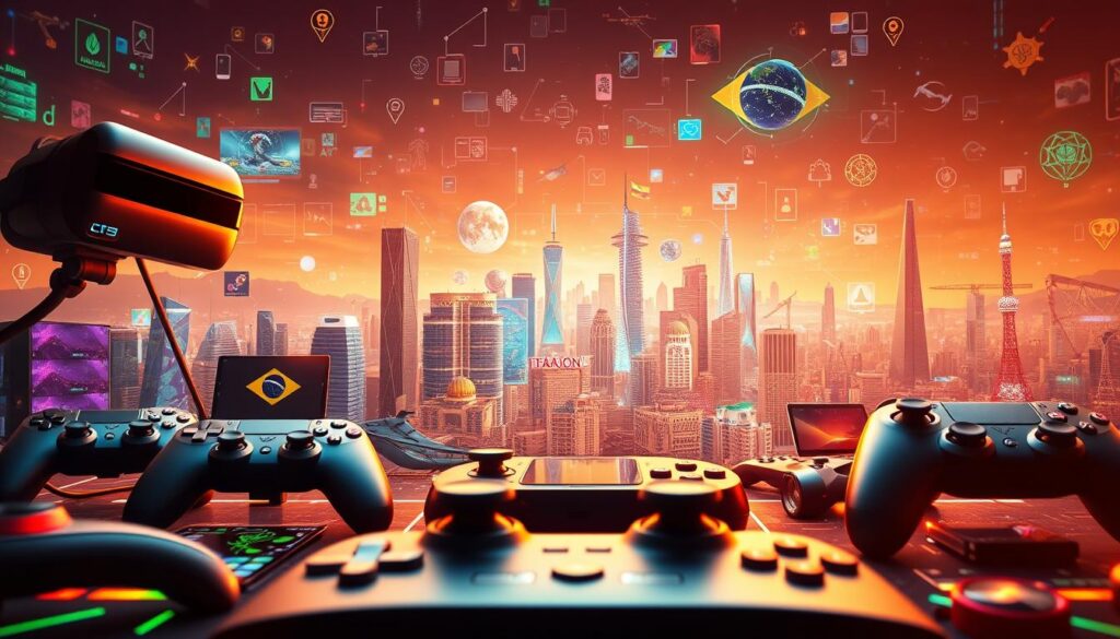 A striking digital landscape depicting the convergence of technology, gaming, and the Brazilian market. In the foreground, a vibrant array of game controllers, virtual reality headsets, and sleek tech devices, reflecting the latest innovations in interactive entertainment. The middle ground showcases a dynamic skyline of futuristic skyscrapers and holographic interfaces, hinting at the transformative power of AI-driven game experiences. In the background, a mosaic of Brazilian landmarks and cultural symbols, symbolizing the country's burgeoning tech and gaming industries. Warm lighting and a sense of motion create an immersive, forward-looking atmosphere, capturing the spirit of personalized, technology-driven gaming in Brazil.
