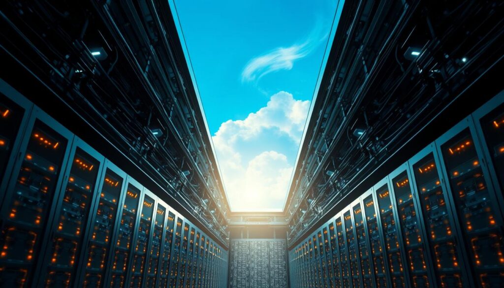 A vast, expansive data center with rows of towering server racks, their blinking LED lights casting a warm glow across the dimly lit interior. Gleaming steel panels and sleek, futuristic architecture reflect the cutting-edge technology powering the cloud. Sophisticated cooling systems and intricate cabling weave through the facility, maintaining the delicate balance of power and efficiency. Overhead, a panoramic skylight offers a view of wispy, cloud-like formations drifting across a bright, azure sky, symbolizing the seamless integration of on-site infrastructure and the boundless potential of cloud computing. The scene exudes a sense of technological mastery, innovation, and the centralized control of digital assets, befitting the "Cloud Computing: vantages of data centralization in data centers" narrative.