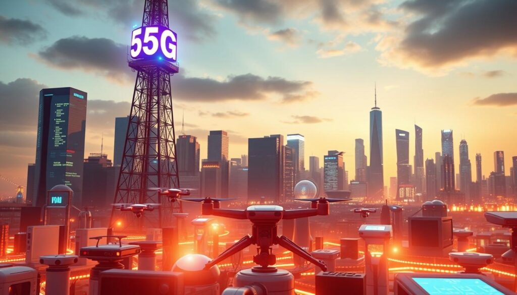 A vibrant 5G network tower standing tall, surrounded by a futuristic cityscape of sleek, interconnected smart devices. The scene is illuminated by a warm, diffused light, creating a sense of technological harmony and progress. In the foreground, a cluster of various IoT gadgets - from smart home appliances to wearable tech - seamlessly communicating through the 5G infrastructure. The middle ground features hovering drones and autonomous vehicles, all linked by the invisible web of advanced connectivity. The background showcases a skyline of gleaming skyscrapers, their facades adorned with interactive displays and sensor-laden facades. The overall atmosphere radiates a sense of innovation, efficiency and the seamless integration of cutting-edge technology into our daily lives.