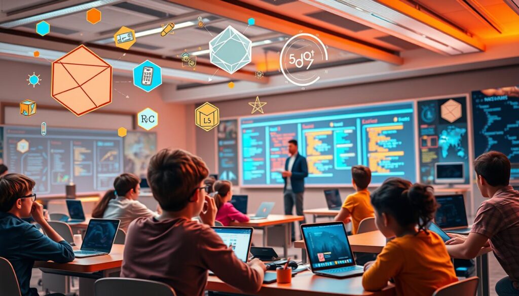 A vibrant, digital classroom setting with a focus on the teaching of programming. In the foreground, a group of students collaboratively working on coding projects, their faces animated with excitement and concentration. Floating above them, abstract geometric shapes and icons representing core programming concepts like algorithms, data structures, and control flow. The middle ground features a teacher guiding the class, using a large interactive whiteboard to illustrate programming principles through gamified exercises and visualizations. The background depicts a technologically-advanced learning environment, with futuristic desks, smart devices, and an atmosphere of exploration and discovery. Warm, saturated lighting casts a welcoming glow, and the overall scene conveys a sense of engaged, immersive learning.