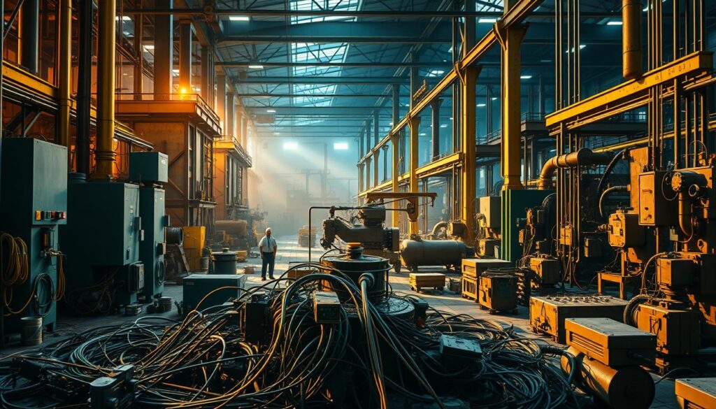 A vibrant industrial landscape depicting the challenges of IoT implementation in Brazilian factories. In the foreground, a cluster of IoT sensors and devices struggle to integrate amid a maze of outdated equipment and legacy systems. The middle ground features workers grappling with complex connectivity and data management issues, while the background showcases the lofty goals of Industry 4.0 transformation - smart automation, predictive maintenance, and enhanced productivity - yet to be fully realized. Dramatic lighting casts dramatic shadows, conveying the sense of an industry in flux, seeking to harness the power of the Internet of Things despite significant technical and organizational obstacles.