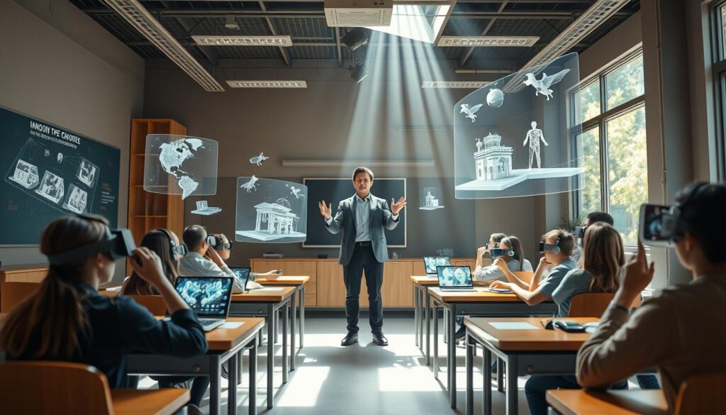 A virtual classroom with a teacher and students immersed in a captivating 3D environment. The teacher stands at the front, gesturing dynamically as holographic displays and interactive models float in the air around them. Students sit at desks, some wearing VR headsets, others manipulating digital interfaces with their hands. Sunlight streams through large windows, illuminating the scene with a warm, natural glow. The atmosphere is one of focused engagement and wonder, as the students explore the wonders of this innovative, immersive learning experience.