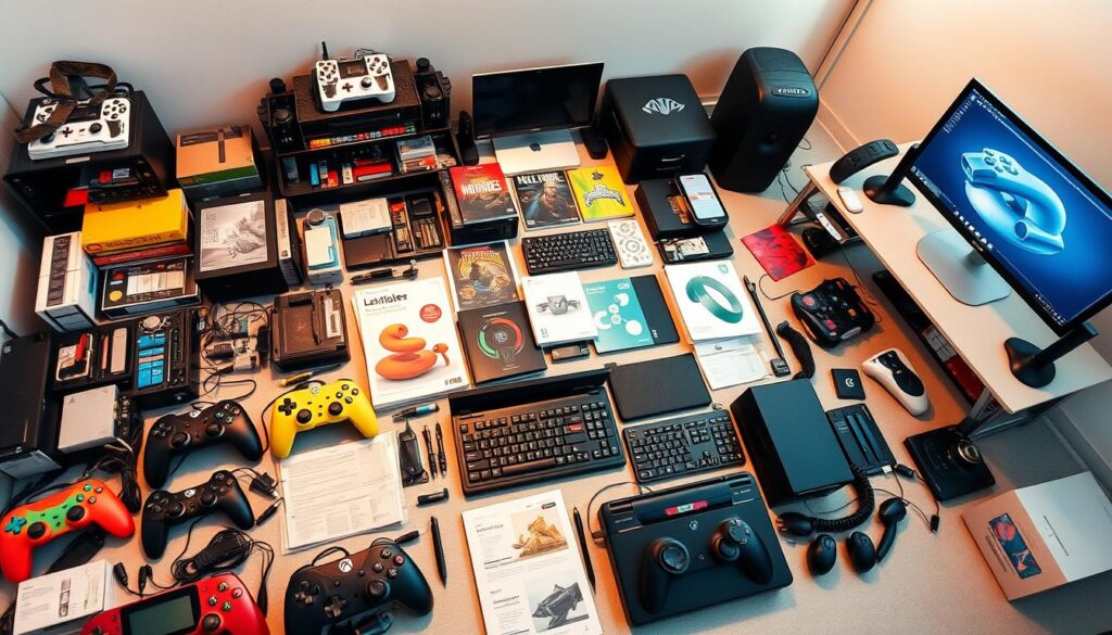 A well-lit, overhead view of an organized collection of indie game development tools and equipment. In the foreground, an array of colorful controllers, keyboards, and computer peripherals. In the middle ground, various software packages, coding manuals, and prototyping materials. In the background, a minimalist workstation with a large monitor displaying 3D modeling software. The lighting is bright and diffuse, creating a clean, professional atmosphere. The overall scene conveys the technical sophistication and creative potential of indie game development.