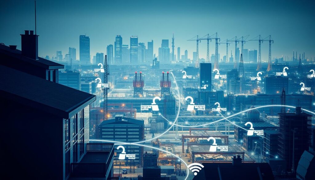 An industrial cityscape at night, with a focus on a network of connected IoT devices and sensors. In the foreground, a sleek, modern smart home with various security features visible, such as surveillance cameras, motion detectors, and access control systems. The middle ground showcases a sprawling factory or warehouse, its operations monitored and managed by a complex web of IoT technologies. In the background, the skyline is dominated by towering skyscrapers and communication towers, symbolizing the vast, interconnected nature of the IoT ecosystem. The scene is bathed in a cool, blue-toned lighting, conveying a sense of technical precision and the importance of robust IoT security strategies. The overall composition emphasizes the need for comprehensive, multi-layered approaches to safeguarding connected devices and systems.