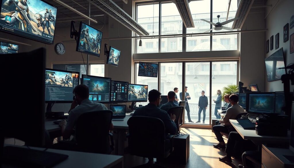 Detailed scene of a game development studio, featuring a group of programmers, designers, and artists collaborating on a comprehensive game project. Sunlit office space with large windows, modern workstations, and display screens showcasing character models, level layouts, and coding interfaces. In the foreground, developers immersed in their tasks, using cutting-edge tools and software. The middle ground depicts a brainstorming session, team members discussing ideas and sketching concepts. In the background, a sense of momentum and progress, with prototypes and test builds displayed on the walls. The atmosphere conveys a dynamic, focused, and innovative environment dedicated to creating a complete, polished gaming experience.