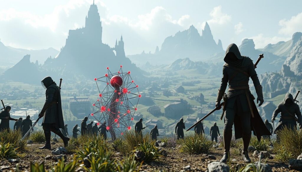 Evolving intelligent game NPCs: a dynamic progression from rigid programming to adaptive AI systems. A foreground depicts three distinct NPC archetypes - a warrior, a mage, and a thief - each exhibiting increasingly complex behaviors and decision-making. The middle ground showcases the underlying neural networks and algorithms powering their adaptations, with nodes and connections pulsing with energy. In the background, a vast, ever-shifting game world serves as the canvas for these intelligent entities to navigate, react, and evolve, creating emergent narratives. Cinematic lighting and a sense of depth and scale convey the grandeur and technological sophistication of this futuristic game design.