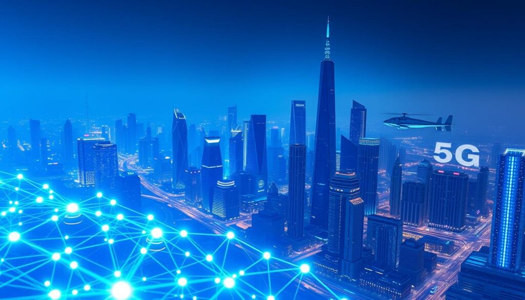 Futuristic cityscape bathed in a vibrant blue glow, symbolizing the integration of 5G technology and the Internet of Things. In the foreground, a network of glowing nodes and connections, representing the seamless integration of devices and data flow. The middle ground features sleek, modern architecture with towering skyscrapers, sleek glass facades, and hovering vehicles, showcasing the advanced infrastructure enabled by 5G. The background fades into a hazy, atmospheric landscape, creating a sense of depth and the boundless potential of this technological revolution. Crisp, high-contrast lighting and a subtle depth of field to draw the viewer's eye through the layers of the scene.