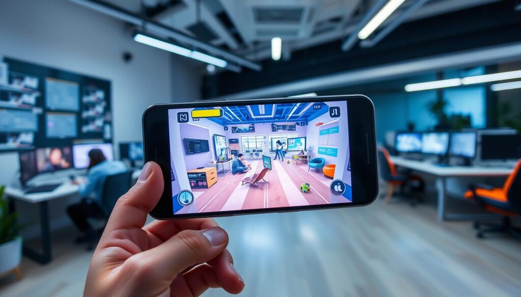 Integração Flutter AR GameLab: A dynamic mobile game development scene with a focus on augmented reality integration. In the foreground, a handheld mobile device displays a captivating AR game interface, blending virtual and real-world elements seamlessly. The middle ground features a team of developers collaborating on coding and design, their faces illuminated by the glow of computer screens. In the background, a vibrant workspace with modern furniture and equipment sets the stage for innovative game creation. Soft lighting and a sleek, minimalist aesthetic convey a sense of technological sophistication and creative energy.