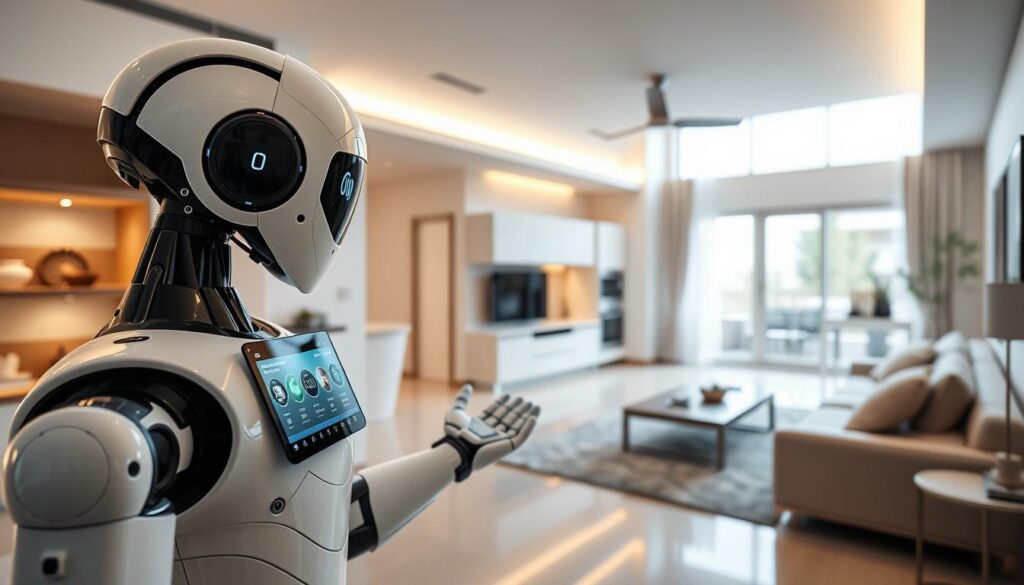 Robotic home automation system, showcasing a sleek and modern residential interior. In the foreground, a humanoid robotic assistant interacts with a smart home interface, managing various automated systems. The middle ground features a clean, minimalist living room with integrated smart lighting, climate control, and security features. The background depicts a panoramic view of the automated home, with intelligent appliances, seamless device integration, and a pervasive sense of technological sophistication. Crisp, high-key lighting illuminates the scene, capturing the efficient and futuristic atmosphere of a fully automated smart home. Captured with a wide-angle lens, the image conveys a harmonious blend of human and machine in the context of residential automation.