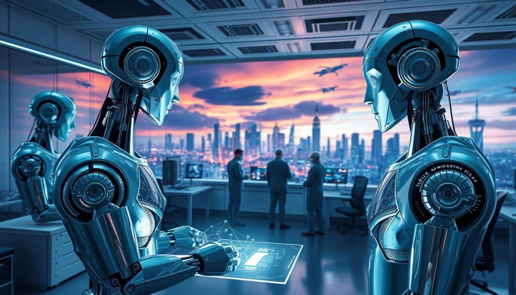 Robótica e Inteligência Artificial em 2025: a state-of-the-art robot laboratory with sleek, chrome-plated humanoid robots seamlessly integrating advanced AI systems. In the foreground, a robot arm gracefully manipulates a glowing holographic interface, its movements precise and fluid. In the middle ground, a team of engineers in clean-room attire monitor diagnostic screens, overseeing the robots' autonomous operations. The background depicts a panoramic view of a futuristic cityscape, skyscrapers and flying vehicles silhouetted against a vibrant, neon-tinged sky, symbolizing the deep integration of robotic and intelligent systems into the urban landscape. Lighting is cool-toned and high-key, creating a sense of technological sophistication and progress.