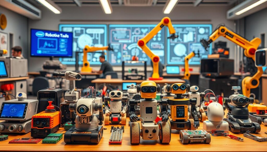 Robotics equipment for different educational levels: A vibrant, detailed image showcasing a diverse array of robotics tools and devices suitable for various stages of learning. In the foreground, an assortment of programmable robots, sensors, and coding interfaces are neatly arranged, inviting hands-on exploration. The middle ground features more advanced robotic arms, 3D printers, and control panels, hinting at the progression of skills. In the background, a futuristic classroom or laboratory setting, with large display screens and technical diagrams, establishes an atmosphere of innovation and technology-driven education. Warm lighting and a crisp, high-resolution composition create a visually appealing and informative illustration of educational robotics solutions.
