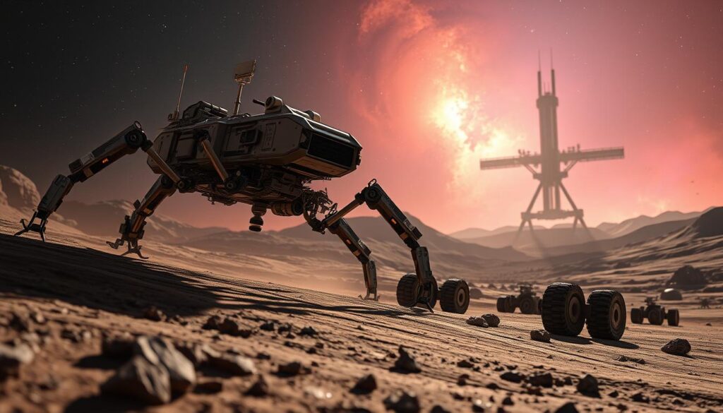 Robots exploring the vast, unforgiving expanse of space, traversing alien landscapes with unwavering precision. In the foreground, a sleek, multi-limbed rover navigates treacherous terrain, its array of sensors scanning for valuable resources. Towering in the background, a space station silhouetted against the vibrant, ethereal glow of a distant nebula, a testament to humanity's technological prowess. Diffused, soft lighting illuminates the scene, casting long shadows and imbuing the image with a sense of awe and wonder. Crisp, detailed textures and intricate mechanical components bring the robots to life, showcasing the remarkable engineering feats that enable their survival in these extreme environments.