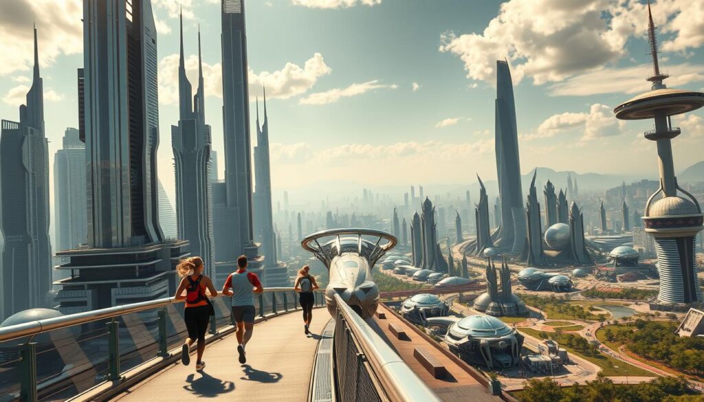 a sprawling, futuristic cityscape with towering skyscrapers, gleaming spires, and bustling hover-traffic, bathed in vibrant hues and dramatic lighting. In the foreground, a group of highly-detailed, photorealistic joggers stride purposefully along a sleek, elevated jogging path, their movements captured with exceptional clarity and fluidity. The middle ground features a diverse array of advanced, imaginative vehicles and architectural elements, blending seamlessly into a dynamic, technologically-advanced urban environment. The background is dominated by a stunning, panoramic vista of the city, with distant structures and landscapes rendered in stunning 8K detail, showcasing revolutionary graphical innovations that push the boundaries of realism and immersion. The overall scene conveys a sense of futuristic awe, progress, and the boundless potential of gaming technology in 2025.